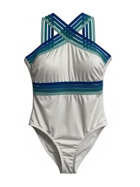 NWT Kenneth Cole‎ New York Tummy Toner One Piece Swimsuit White Blue L Large